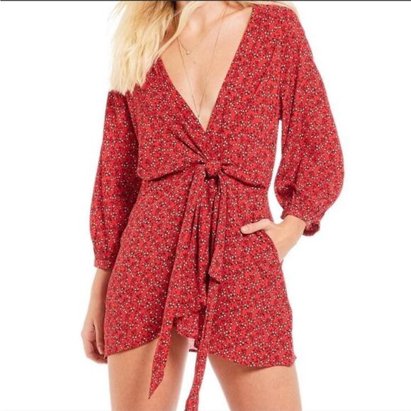Free People Clara X Revolve Red Floral Print Tunic mini Dress S - Picture 2 of 7